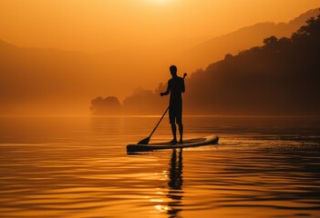 Wall Mural - silhouette of a person on a stand up paddle board during sunset, backlight scene