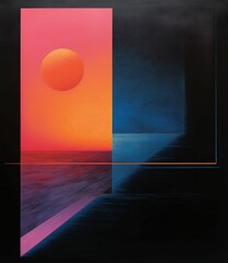 Wall Mural - ai generated illustration of an abstract painting featuring a bright orange sun