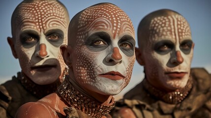 Canvas Print - Group of men with distinct bodypaint designs in a desert - Ai generated