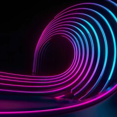 Canvas Print - AI generated illustration of a vibrant curved neon light tunnel in a dark space