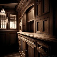 Wall Mural - dark interior with wooden cabinets and a window to the left