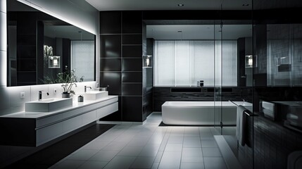 Wall Mural - modern white and black bathroom with tiled floors, bathtub, sink, mirror and