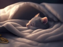 AI Generated Sleeping Mouse Curled Up On A Bed Draped In A Blanket