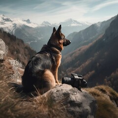 Sticker - AI generated illustration of a canine 
atop a large boulder surrounded by stunning mountain scenery