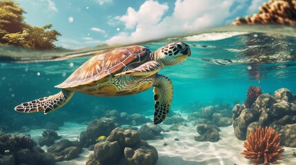 Wall Mural - AI generated illustration of sea turtle swimming gracefully through the ocean's crystal blue waters