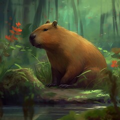 Wall Mural - AI generated illustration of a Capybara, the world's largest rodent, perched atop a rocky outcrop