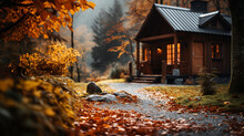 Cozy Autumn Scene With A Wooden Cabin Amidst Fall Foliage, Autumn Banner, Autumn Background Generative AI
