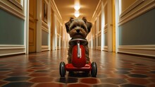 Little Puppy Dog On His Red Tricycle In A Strange Hotel Hallway, AI-generated.