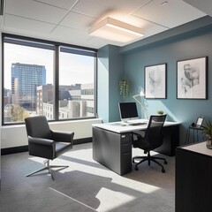 Canvas Print - AI generated illustration of an office with a contemporary design featuring desk, chairs, and window