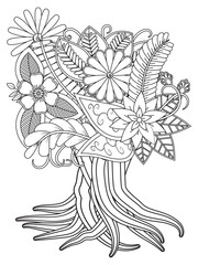 Flowers bouquet coloring book page. Isolated on white background. Doodle drawing anti-stress coloring books page for adults or children. Flat Vector Illustration