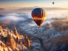 AI-generated Illustration Of Colorful Hot Air Balloons Soaring Over A Majestic Mountain Range.