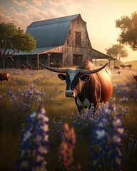 Poster - AI-generated illustration of a brown and white cow grazing in a meadow at sunset.