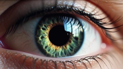 Wall Mural - AI generated illustration of a human eye with a vibrant green iris, with long eyelashes