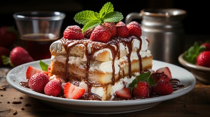 Canvas Print - AI generated illustration of a freshly-prepared slice of strawberry cake on a plate