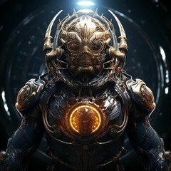 Wall Mural - illustration of a futuristic figure wearing a metallic suit is illuminated against a dark backdrop