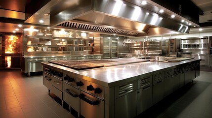 Design of a professional kitchen for a restaurant or cafe. Metal table. Kitchen equipment for catering. Cooking space.