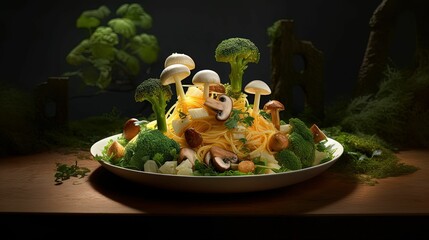 Poster - AI generated illustration of a bowl of freshly cooked pasta with vegetables, on a wooden table