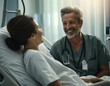 © Dez16/Wirestock Creators - Male doctor checking on his female patient who is lying in a hospital bed, AI-generated.