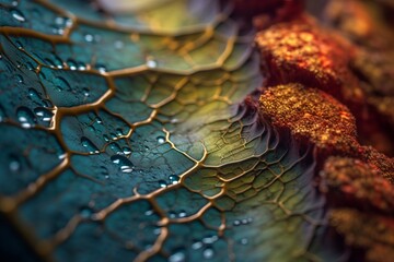 a close up view of a leaf with water droplets on it