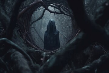 Poster - a dark figure in a forest with trees and branches