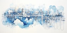 AI Generated. AI Generative. Abstract Geometric Factory Pipeline Industry Drawing Background In Blue Clouds. Graphic Art
