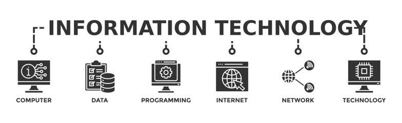 Information technology banner web icon vector illustration concept with icon of computer, data, programming, database, internet, network, and technology