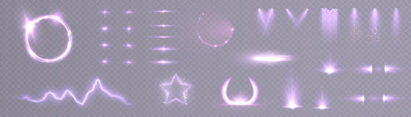 Poster - Set of purple light effects, laser lines, spotlights, flares, stars. EPS 10 vector illustration.