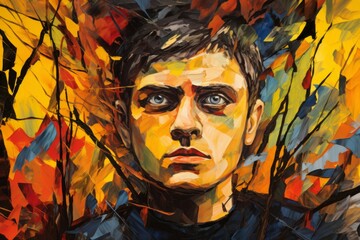 Wall Mural - a painting of a man with blue eyes in front of trees