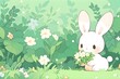 Illustrasted of cartoon little cute white bunny holding flowers in hands stay in the forest. Anime Style.