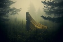 A Person In A Yellow Cloak Standing In The Middle Of A Foggy Forest