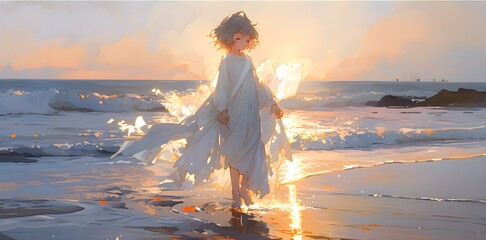 Wall Mural - Anime beautiful angel on the morning beach. Vector illustration in anime style. 