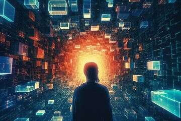 a person standing in front of a glowing light surrounded by cubes