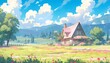 Country house at Nature with blue sky and cloud with Colorful flower meadow and moutain. Landscape, Anime Comic Style. 