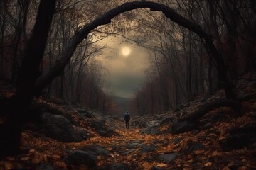 Wall Mural - a person standing in the middle of a dark forest