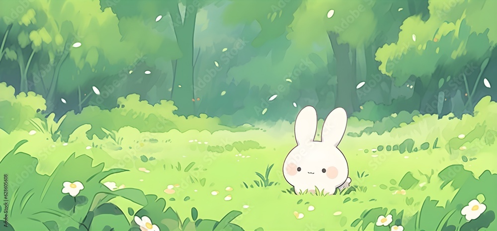 Illustrasted of cartoon little cute white bunny in the forest. Anime ...
