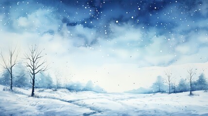 Canvas Print - Watercolor drawing of winter sky landscape with falling snow, flecks and dots. Hand-drawn water color graphic painting on paper.