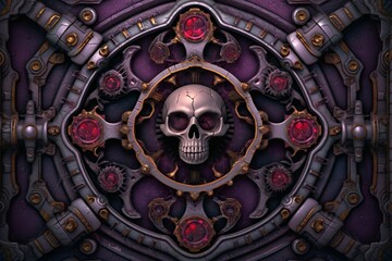 Wall Mural - a skull surrounded by gears and red stones on a purple background