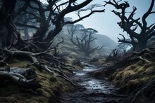 A Stream Runs Through A Forest With Dead Trees