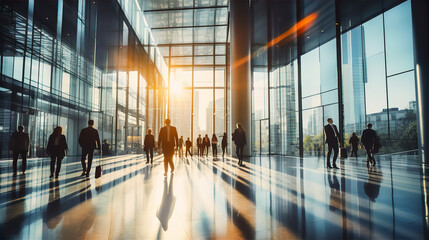 business people walking in big glass lobby with beautiful morning sun lights reflection. office skys