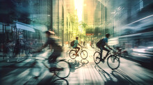 People Cycling In City. Commuting, Healthy Life Style, Eco Friendly Transport. Multiple Exposure, Motion Blur Image