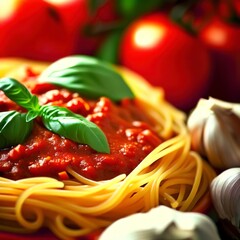 Spaghetti sauce with pasta, basil leaves, garlic and fresh tomatoes with extreme shallow depth of field