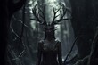 a woman in a forest with deer horns on her head