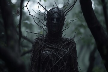 a woman in a forest with branches on her face