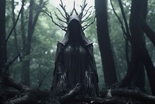 A Woman In A Hooded Robe Stands In The Middle Of A Dark Forest
