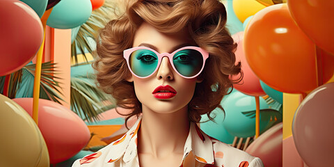 Retro style pastel colors summer background. Fashion woman wearing big sunglasses. Generative AI