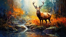 Oil Painting Abstract  Stag With Big Antlers.