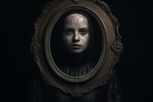 A Woman Is Looking Into A Mirror In A Dark Room
