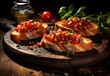 Bruschetta, tasty savory tomato Italian appetizers, on a wooden board