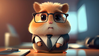 Cute hamster businessman standing on the desk with suit and necktie and glasses. Cartoon character. Lawyer, corporate officer concept, Ai generated image