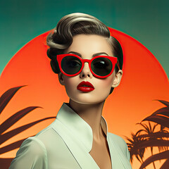 Wall Mural - Retro style pastel colors summer background. Fashion woman wearing big sunglasses. Generative AI